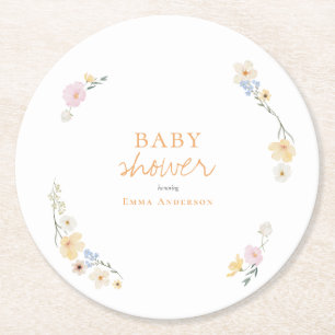 Botanische Boho-Blumen Schrift Baby Shower  Runder Pappuntersetzer