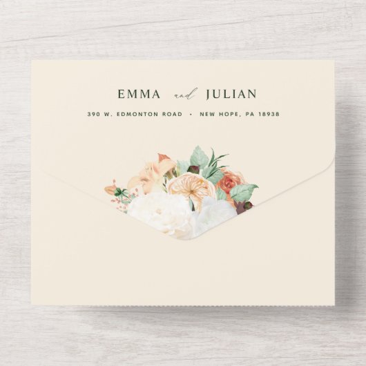 Botanische Boho Greenery Peach Floral Wedding All In One Einladung (Rückseite)