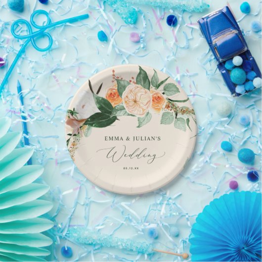 Botanische Boho Greenery Peach Personalisiert Wedd Pappteller (Party)