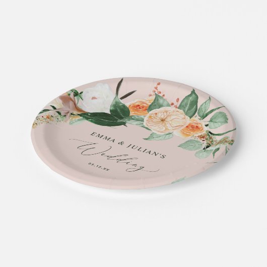 Botanische Boho Greenery Pink Personalisierte Hoch Pappteller (Schrägansicht)