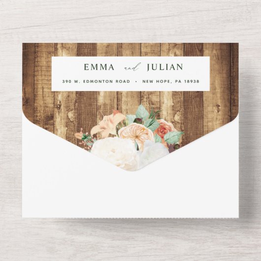 Botanische Boho Greenery Woodgrain Rustikale Hochz All In One Einladung (Rückseite)