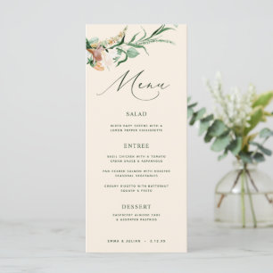 Botanische Boho Grüne neutrale Pfirsichhochzeit Menükarte