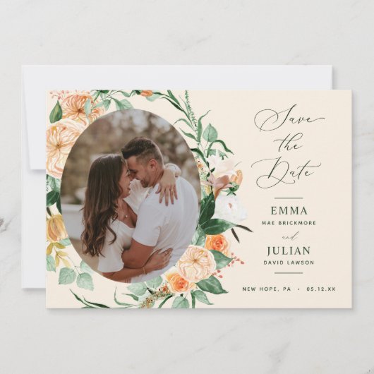 Botanische Boho Grüne Peach Neutral Floral Save The Date (Vorderseite)