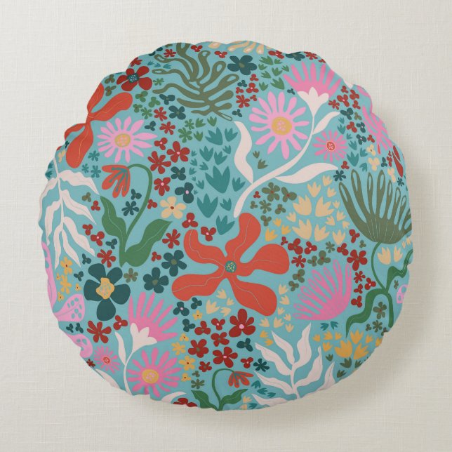 Botanische Boho-Reihe Türkis Rundes Kissen (Vorderseite)