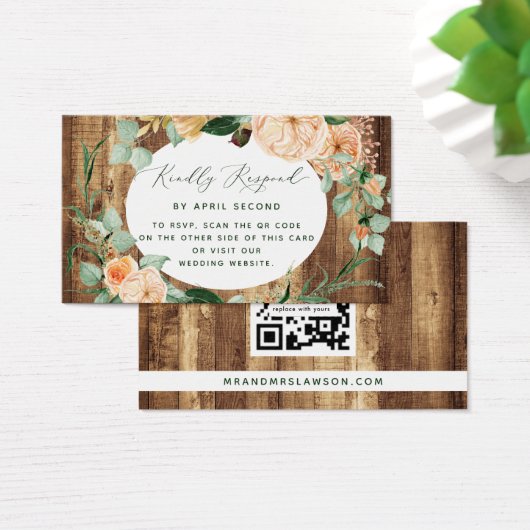 Botanische Boho Rustic Wedding QR Code RSVP Karte (Schreibtisch)