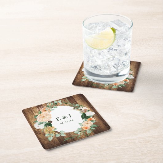 Botanische Boho Rustic Wood Monogram Barn Wedding Rechteckiger Pappuntersetzer (Vor Ort)