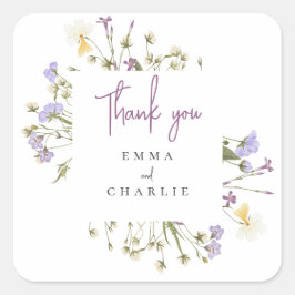 Botanische Boho Wildblumen lila Script Hochzeit Quadratischer Aufkleber