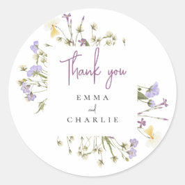 Botanische Boho Wildblumen lila Script Hochzeit Runder Aufkleber