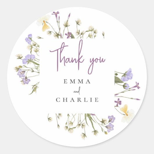 Botanische Boho Wildblumen lila Script Hochzeit Runder Aufkleber (Vorderseite)