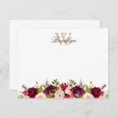 Botanische Borgundy Blush Floral Monogram Note Car Dankeskarte (Vorne/Hinten)
