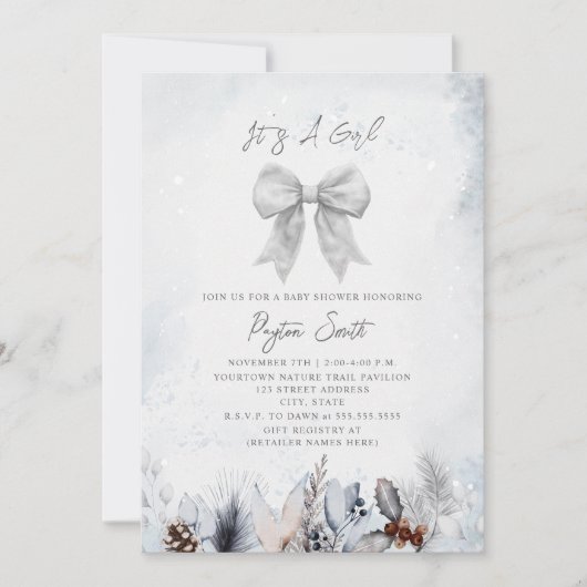 Botanische Bow Winter Snow Girl Babydusche Einladung (Vorderseite)