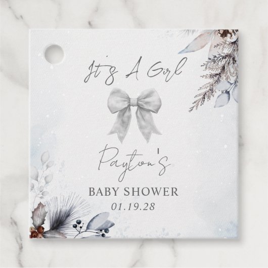 Botanische Bow Winter Snow Girl Babydusche Geschenkanhänger (Vorderseite)