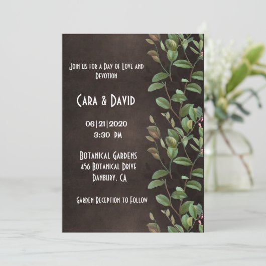 Botanische Brauner Grünpflanzen Elegante Hochzeit Einladung (Stehend Vorderseite)