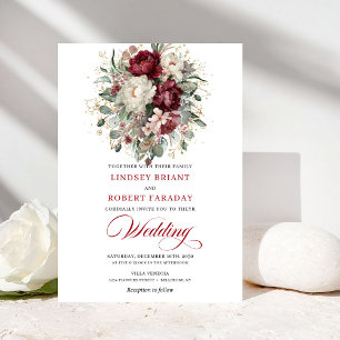 Botanische Burgunderrote und Weiße Blumen Hochzeit Einladung