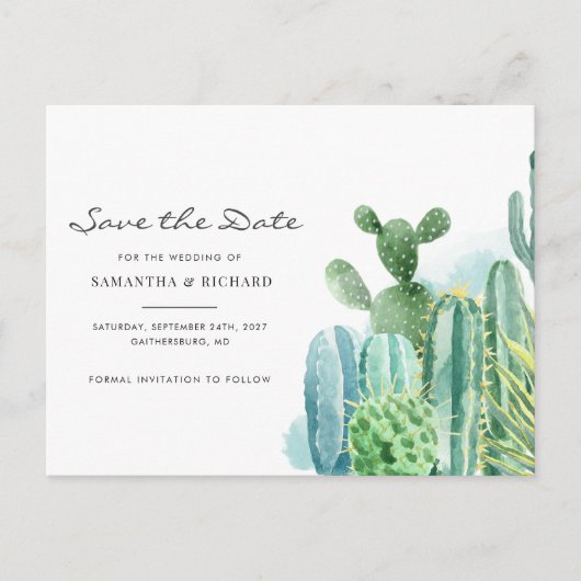 Botanische Cacti-Wasserfarbenhochzeit speichert da Ankündigungspostkarte (Vorderseite)