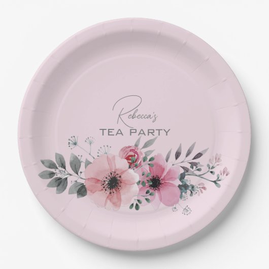 Botanische Chic floral elegante graurosa Blume Pappteller (Vorderseite)