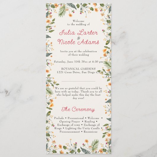 Botanische Daffodils Daisy Peony Blume Hochzeit Programm (Vorderseite)