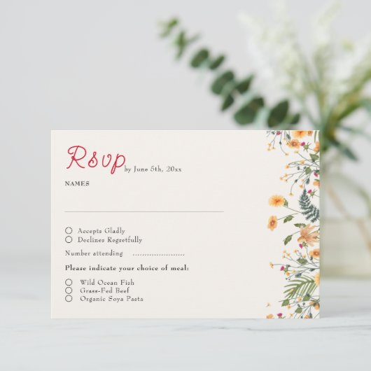 Botanische Daffodils Daisy Peony Blume Hochzeit RSVP Karte (Stehend Vorderseite)