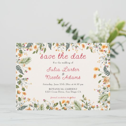 Botanische Daffodils Daisy Peony Blume Hochzeit Save The Date (Stehend Vorderseite)