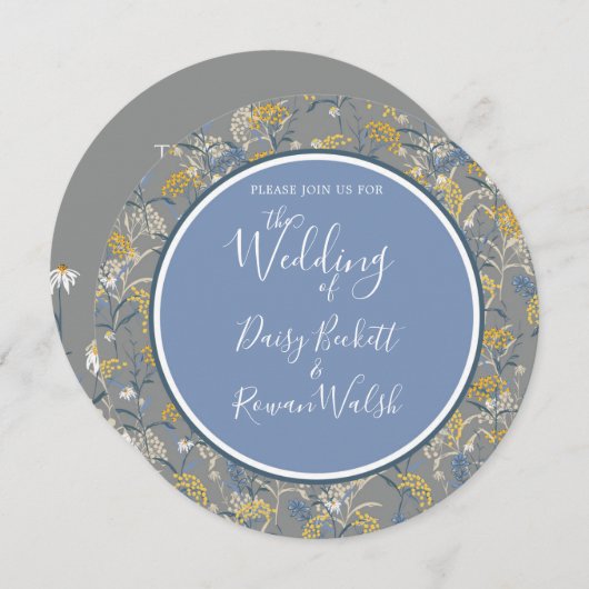 Botanische Daisy Floral Yellow & Navy Blue Wedding Einladung (Vorne/Hinten)
