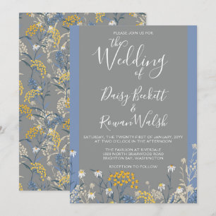Botanische Daisy Floral Yellow & Navy Blue Wedding Einladung