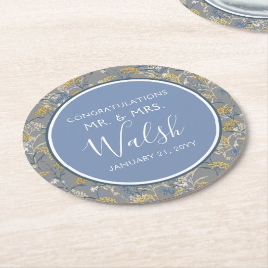 Botanische Daisy Floral Yellow & Navy Blue Wedding Runder Pappuntersetzer (Angewinkelt)