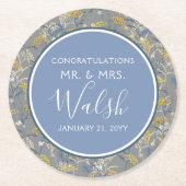 Botanische Daisy Floral Yellow & Navy Blue Wedding Runder Pappuntersetzer (Vorderseite)