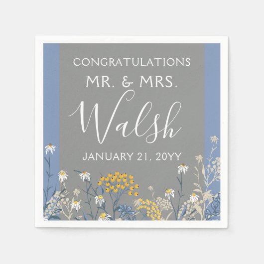 Botanische Daisy Floral Yellow & Navy Blue Wedding Serviette (Vorderseite)