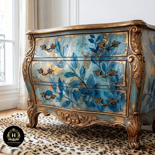 Botanische Dekoupage in Blau und Gold Seidenpapier