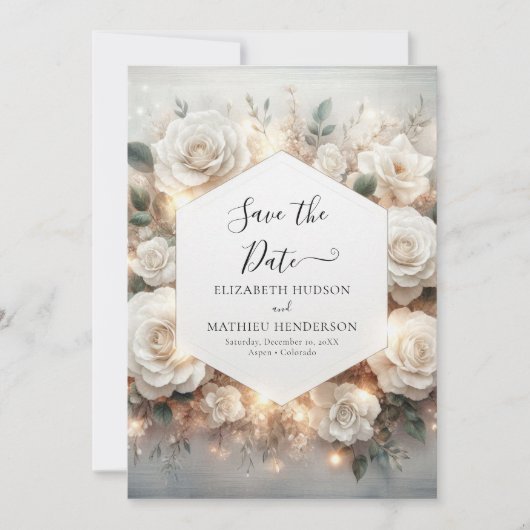 Botanische Digital White Roses Hochzeit Save The Date (Vorderseite)