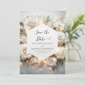 Botanische Digital White Roses Hochzeit Save The Date (Stehend Vorderseite)