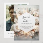 Botanische Digital White Roses Hochzeit Save The Date (Vorne/Hinten)