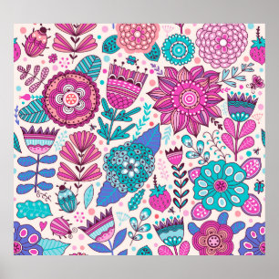 Botanische Doodle-Blume, nahtlose, Vintage Textur. Poster