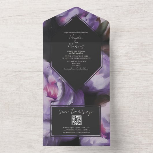 Botanische dramatische Lila Blumenhochzeit RSVP QR All In One Einladung (Innen Boden)