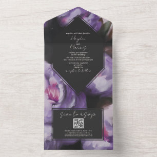 Botanische dramatische Lila Blumenhochzeit RSVP QR All In One Einladung