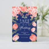 Botanische Dunkelblau- und Korallenblauer Blume Save The Date (Stehend Vorderseite)