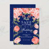 Botanische Dunkelblau- und Korallenblauer Blume Save The Date (Vorne/Hinten)