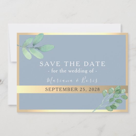 Botanische dusty Blue Wedding rettet das Datum Save The Date (Vorderseite)