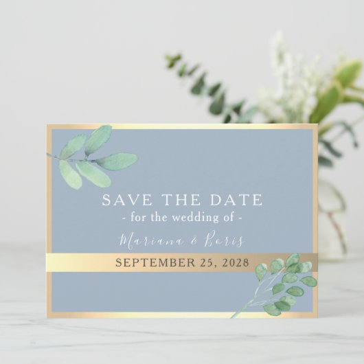 Botanische dusty Blue Wedding rettet das Datum Save The Date (Stehend Vorderseite)
