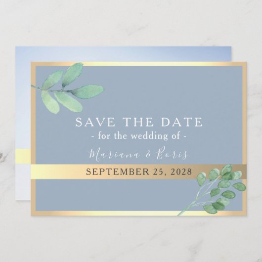 Botanische dusty Blue Wedding rettet das Datum Save The Date (Vorne/Hinten)