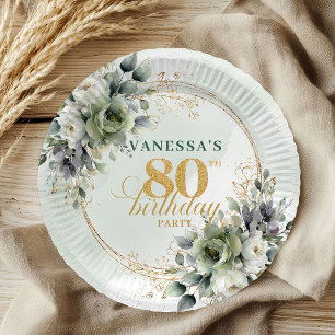 Botanische Dusty Green 80. Geburtstags-Event-Telle Pappteller