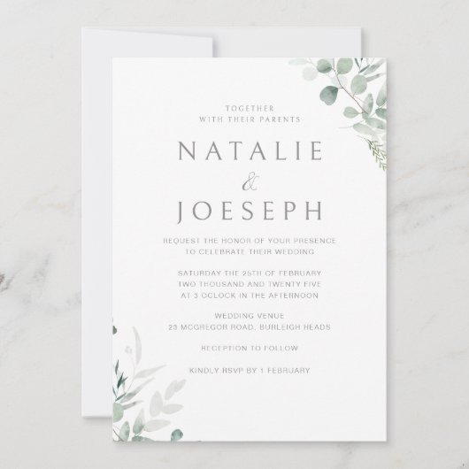 Botanische Elegante Grüne Moderne Hochzeit Einladung (Vorderseite)