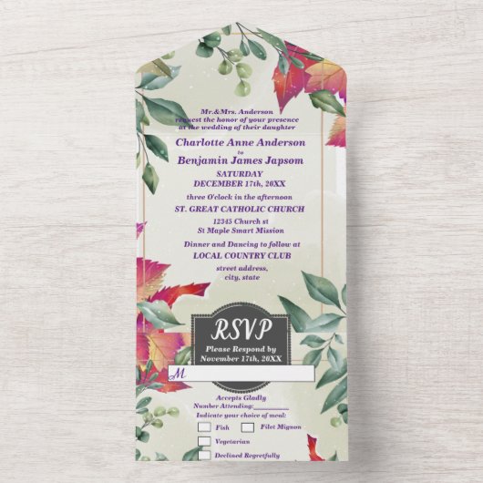 Botanische Elegante Herbstlaube Hochzeit All In One Einladung (Innen Boden)