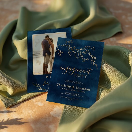 Botanische Engagement-Partei für Navy Blue & Gold Einladung