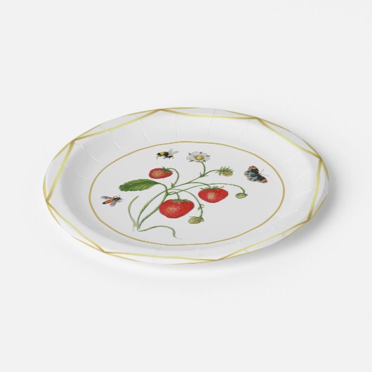 Botanische Erdbeere in Wasserfarben Pappteller (Schrägansicht)