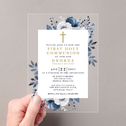 Botanische Erstkommune der Navy Blauer Flora Acryleinladungen (Insitu (Handheld))