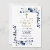 Botanische Erstkommune der Navy Blauer Flora Einladung (Vorderseite)