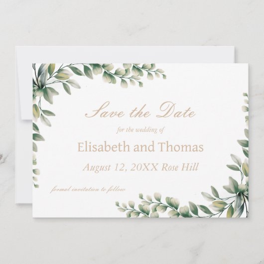 Botanische Eukalyptus-Blätter Save the Date Karte (Vorderseite)