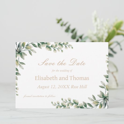 Botanische Eukalyptus-Blätter Save the Date Karte (Stehend Vorderseite)