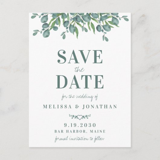 Botanische Eukalyptus-Foliage-Hochzeit speichert d Postkarte (Vorderseite)